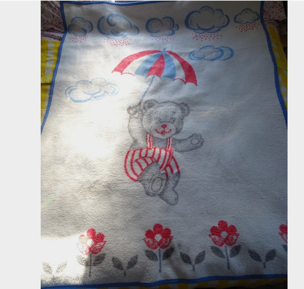 Vintage Teddy Bear Umbrella Reversible PLush Throw Blanket 72x57